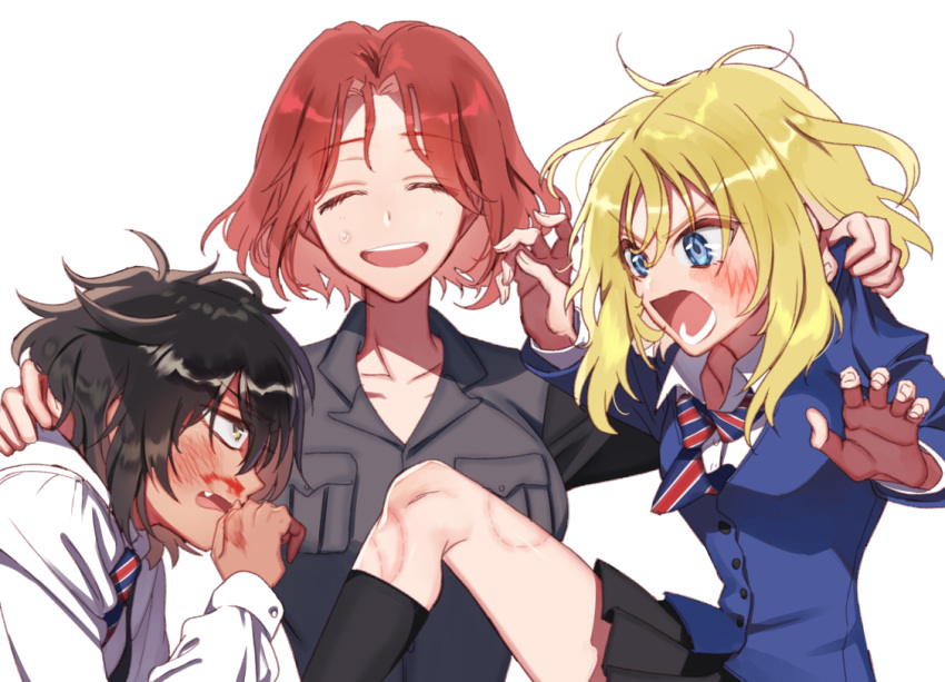 3girls, andou_(girls_und_panzer), angry, azumi_(girls_und_panzer), bangs, bc_freedom_school_uniform, bite_mark, black_hair