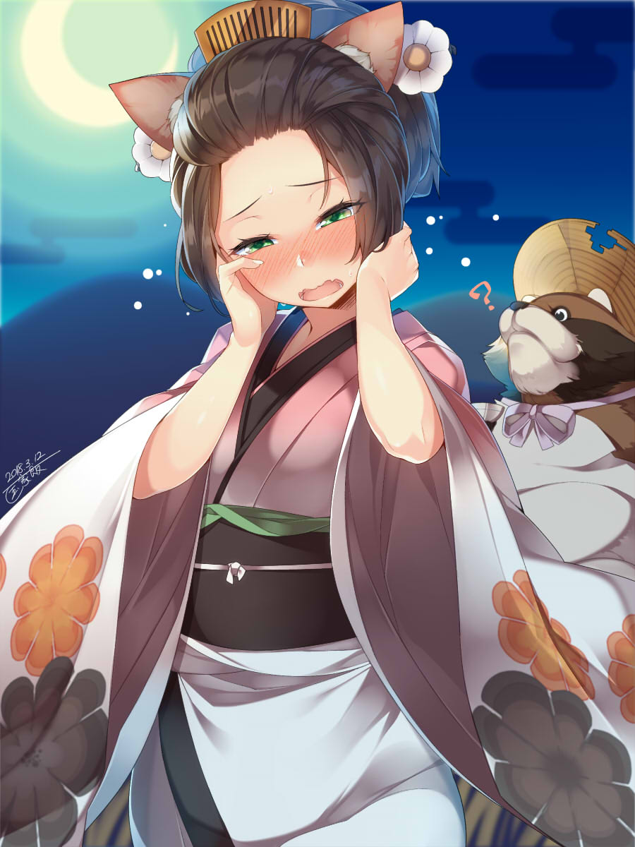 1girl, ?, animal_ears, bangs_pinned_back, blush, brown_hair, cat_ears, clouds