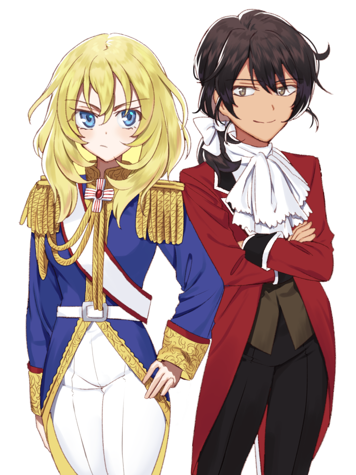 2girls, alternate_costume, alternate_hairstyle, andou_(girls_und_panzer), andre_grandier, andre_grandier_(cosplay), bangs, belt