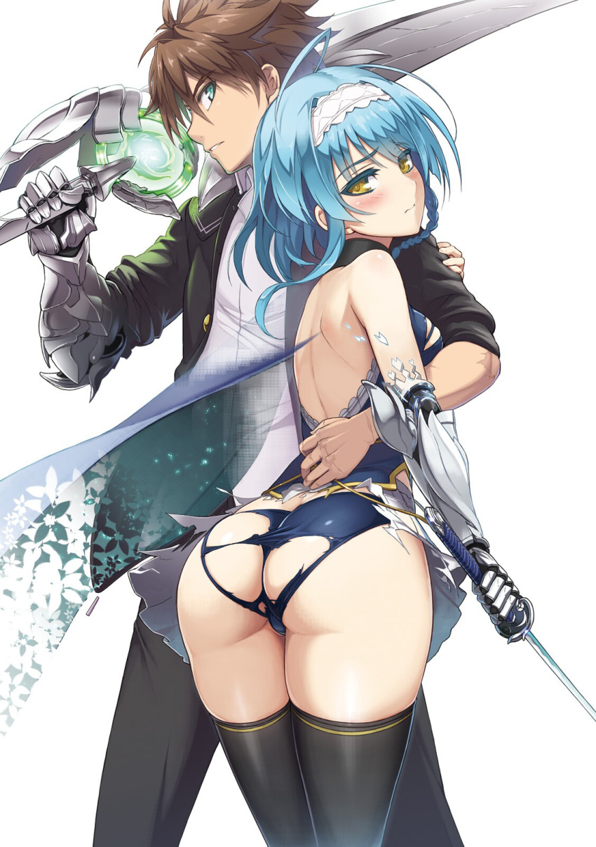 1boy, 1girl, arm_around_waist, ass, bare_shoulders, black_legwear, blue_eyes, blue_panties