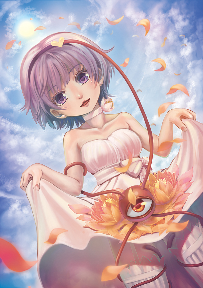1girl, alternate_costume, bare_shoulders, blush, choker, clouds, cloudy_sky, collarbone