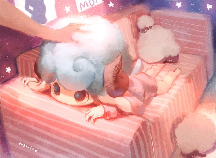 1boy, artist_name, blue_hair, couch, horns, long_sleeves, looking_up, lying