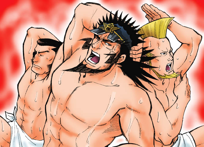 3boys, bathing, beard, black_hair, blonde_hair, chabudai, commentary, doumeki_kai