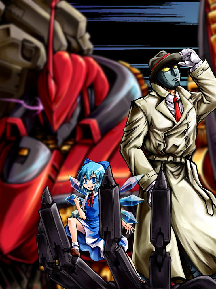 blue_dress, blue_eyes, blue_hair, bow, capcom, cirno, dress, fedora, gloves, hair_bow, hat, inusurvivor, inusurvivor_(pixiv), m.u.g.e.n, mask, mecha, mugen_(game), neck_ribbon, necktie, nineball_seraph, pun, q, ribbon, short_hair, street_fighter, touhou, trench_coat, wings