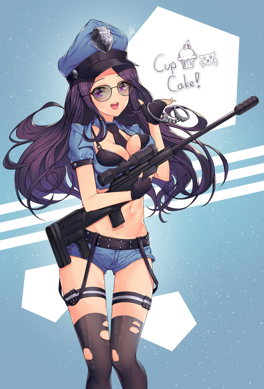 1girl, :d, belt, between_breasts, black-framed_eyewear, black_bra, black_gloves, black_legwear
