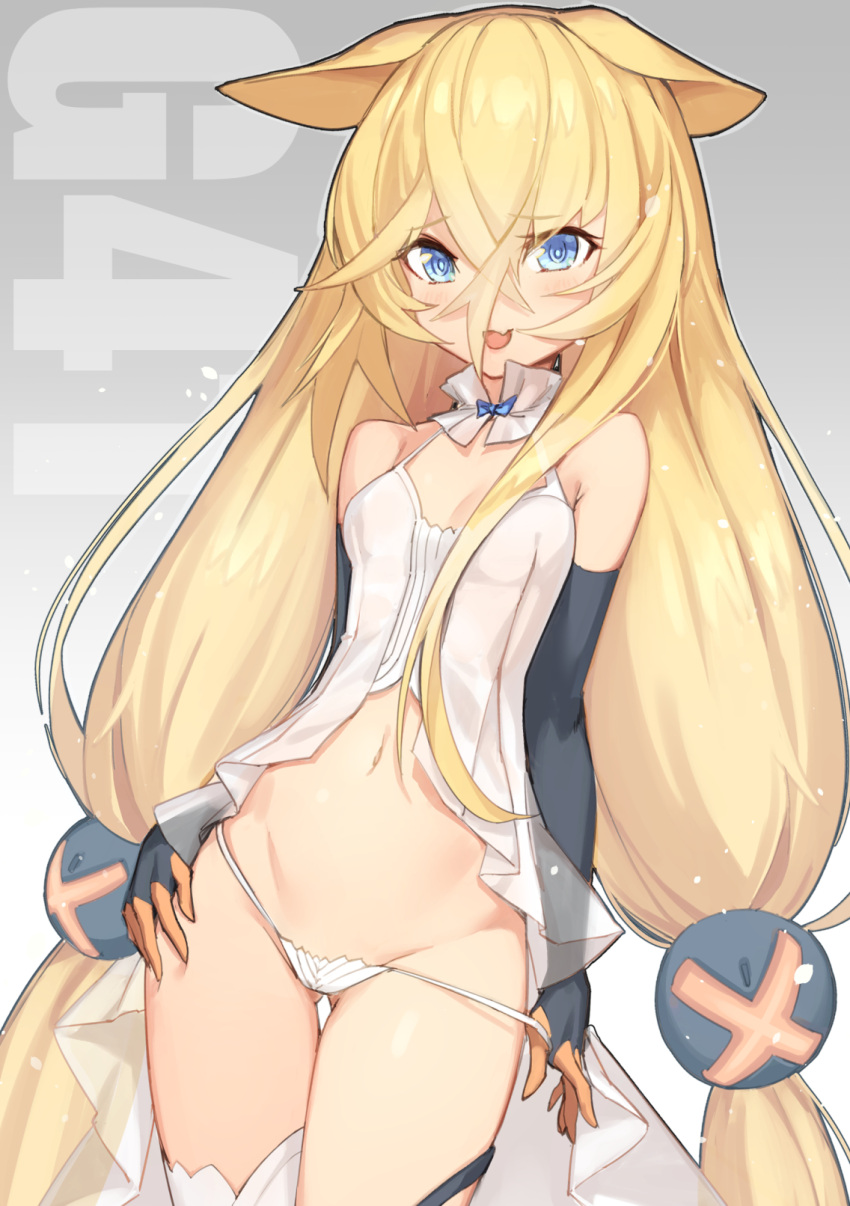 1girl, animal_ears, bangs, bare_shoulders, black_gloves, blonde_hair, blue_eyes, blush