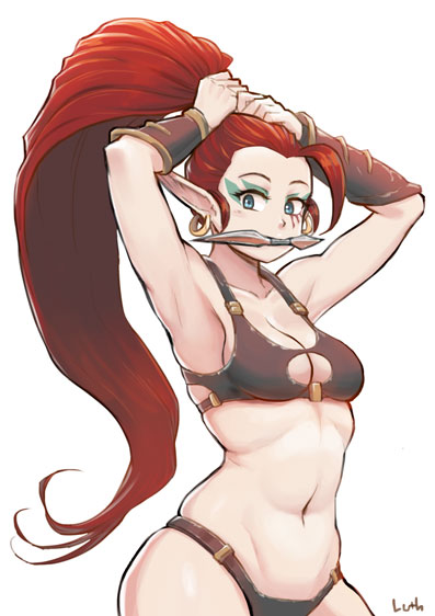1girl, abs, artist_name, bikini, breasts, cleavage, cleavage_cutout, dark_eldar, earrings, jewelry, lutherniel, pointy_ears, ponytail, redhead, solo, swimsuit, tying_hair, very_long_hair, warhammer_40k, wych