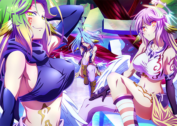 3girls, ahoge, angel_wings, azriel_(no_game_no_life), blue_hair, breasts, crop_top, cross