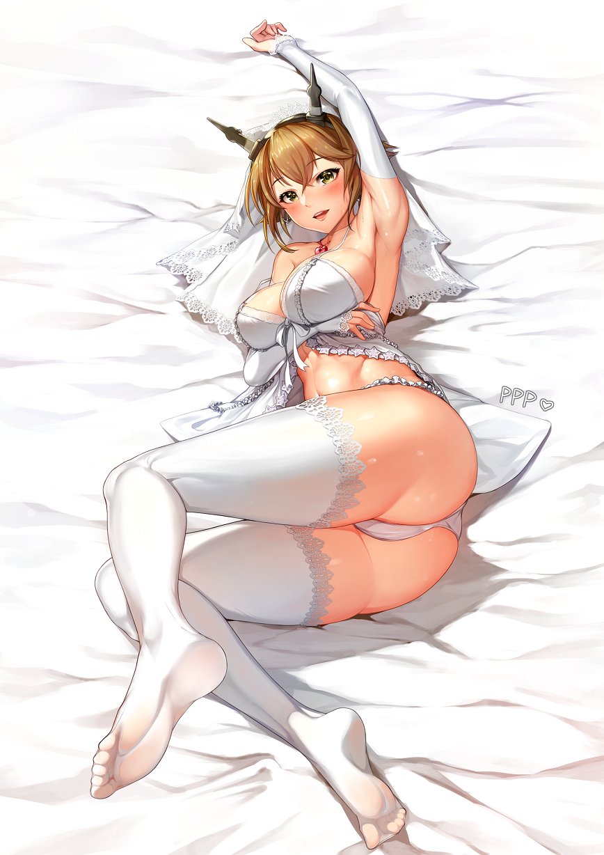 1girl, anchor_earrings, arm_warmers, armpits, ass, blush, bra, breast_lift