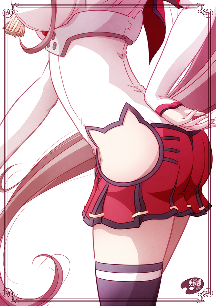 1girl, adapted_costume, ass, bare_hips, black_legwear, border, breasts, brown_hair, cat_cutout, commentary_request, cowboy_shot, from_side, hakama_skirt, hand_on_hip, head_out_of_frame, hip_vent, japanese_clothes, kantai_collection, large_breasts, long_hair, miniskirt, no_panties, pleated_skirt, revision, shizuki_michiru, side_cutout, simple_background, skirt, sleeves_past_wrists, solo, tassel, thigh-highs, very_long_hair, white_background, yamato_(kantai_collection)