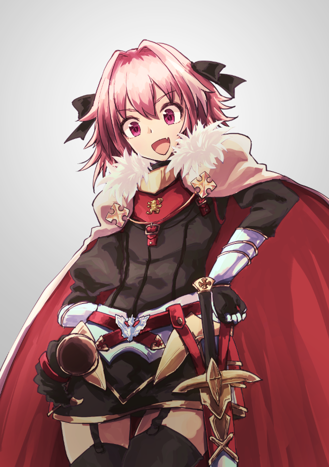 1boy, :d, arms_behind_head, astolfo_(fate), bangs, belt_buckle, black_gloves, black_legwear, black_skirt, buckle, cape, cowboy_shot, crossdressinging, diamond_(shape), eyebrows, eyebrows_visible_through_hair, fang, fate/apocrypha, fate_(series), fur_collar, garter_straps, gauntlets, gloves, gradient, gradient_background, hair_between_eyes, hair_intakes, hair_ribbon, long_hair, male_focus, miniskirt, open_mouth, pink_eyes, pink_hair, ribbon, sheath, sheathed, shigatsu_shizuki, skirt, smile, solo, standing, sword, thigh-highs, thigh_gap, tongue, trap, weapon, white_cape, zettai_ryouiki