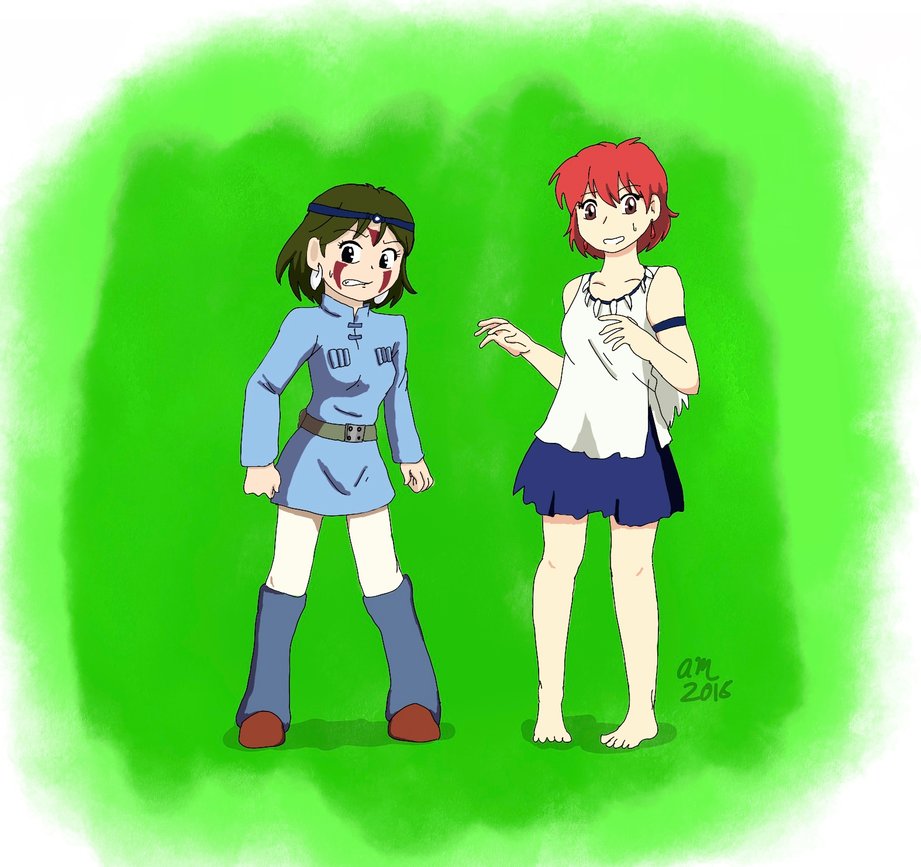 2girls, barefoot, clothes_swap, crossover, facial_markings, fallenangel5414, kaze_no_tani_no_nausicaa, mononoke_hime