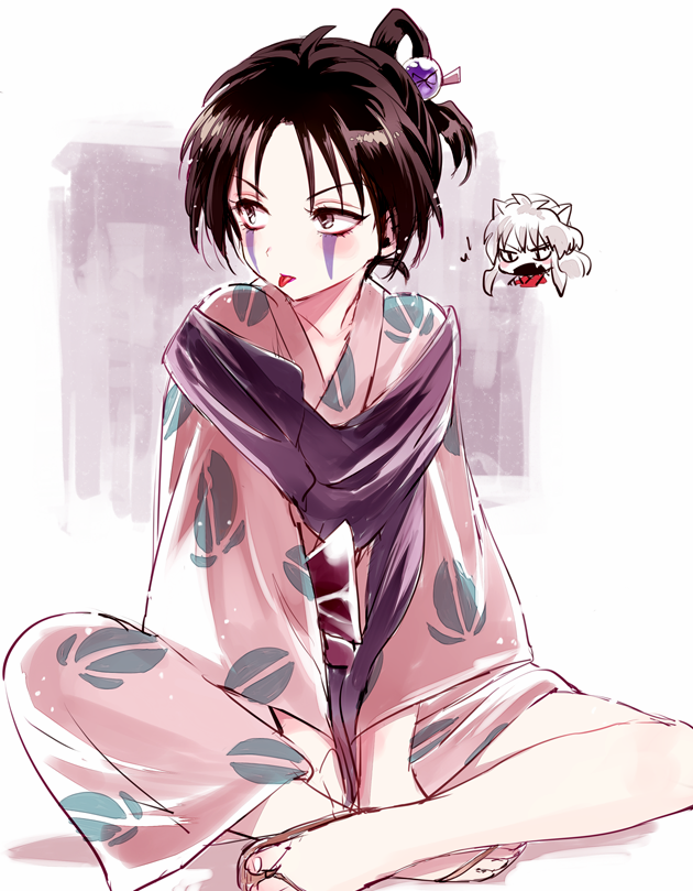 2boys, :p, black_hair, braid, facial_mark, hair_ornament, hairpin, inuyasha, inuyasha_(character), jakotsu_(inuyasha), japanese_clothes, kimono, male_focus, maruino, multiple_boys, tongue, tongue_out, trap