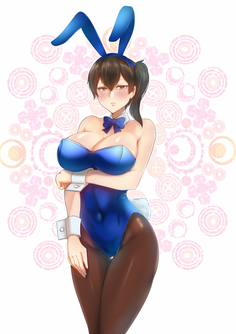 1girl, animal_ears, bare_shoulders, blue_leotard, bow, bowtie, breasts, brown_eyes
