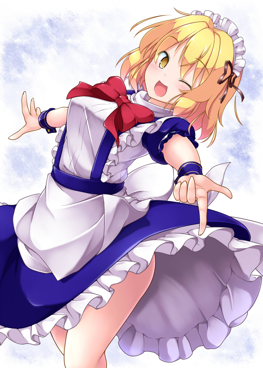 1girl, aka_tawashi, apron, blonde_hair, blue_dress, blush, bow, breasts