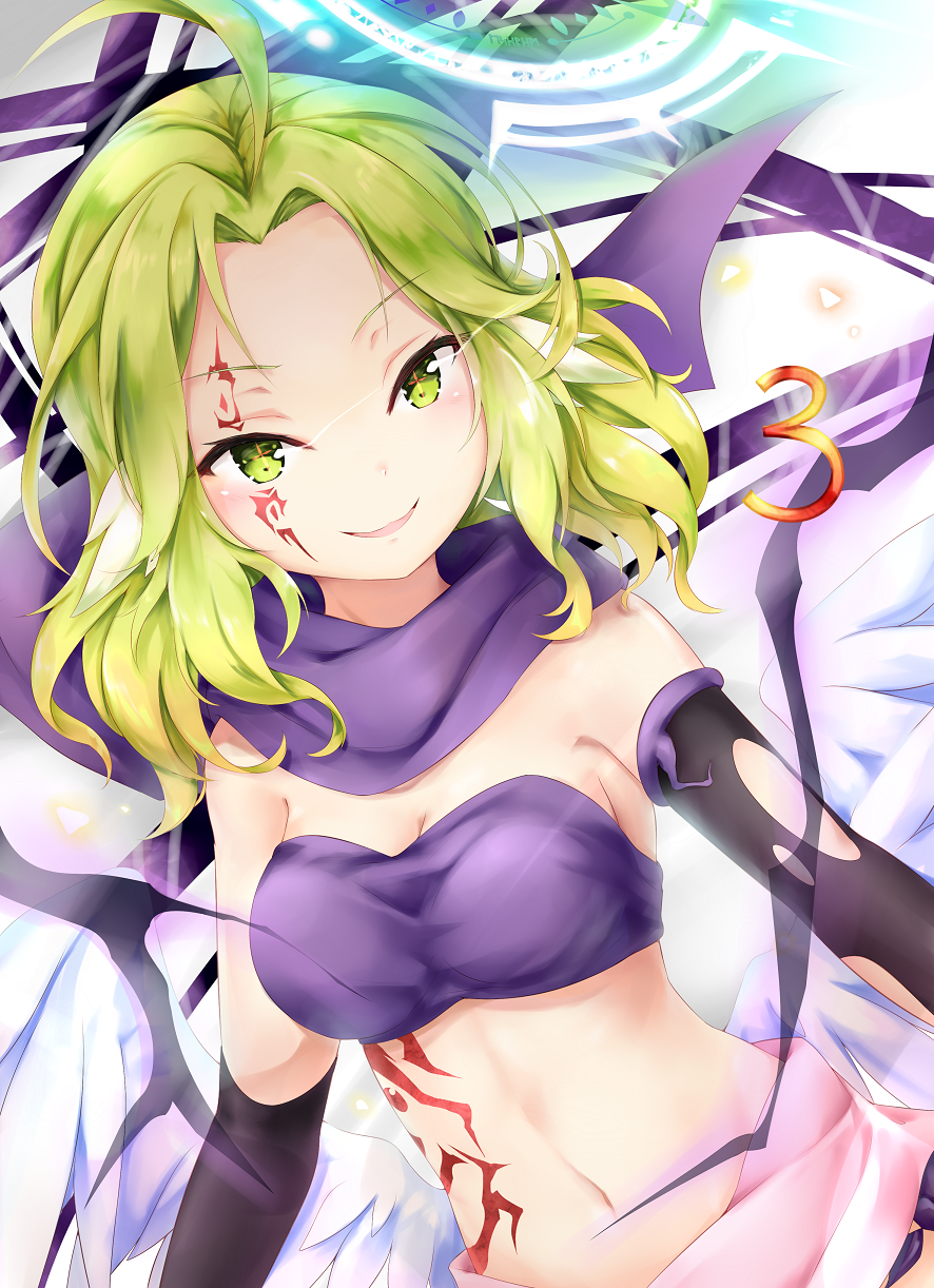 1girl, ahoge, angel_wings, azriel_(no_game_no_life), breasts, cleavage, cross, feathered_wings, gloves, green_eyes, green_hair, halo, highres, ikasoke_(likerm6au), low_wings, magic_circle, medium_breasts, midriff, navel, no_game_no_life, short_hair, smile, solo, symbol-shaped_pupils, tattoo, white_wings, wing_ears, wings