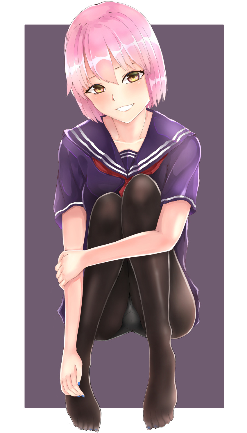 1boy, absurdres, black_legwear, black_serafuku, blue_nails, blush, bulge, grabbing_own_arm