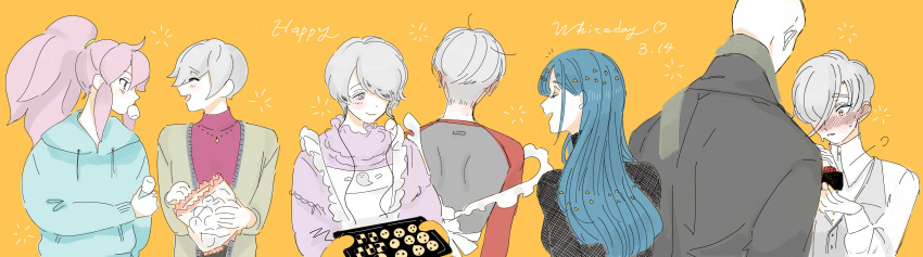 1boy, absurdres, androgynous, antarcticite, apron, bald, blue_hair, blush