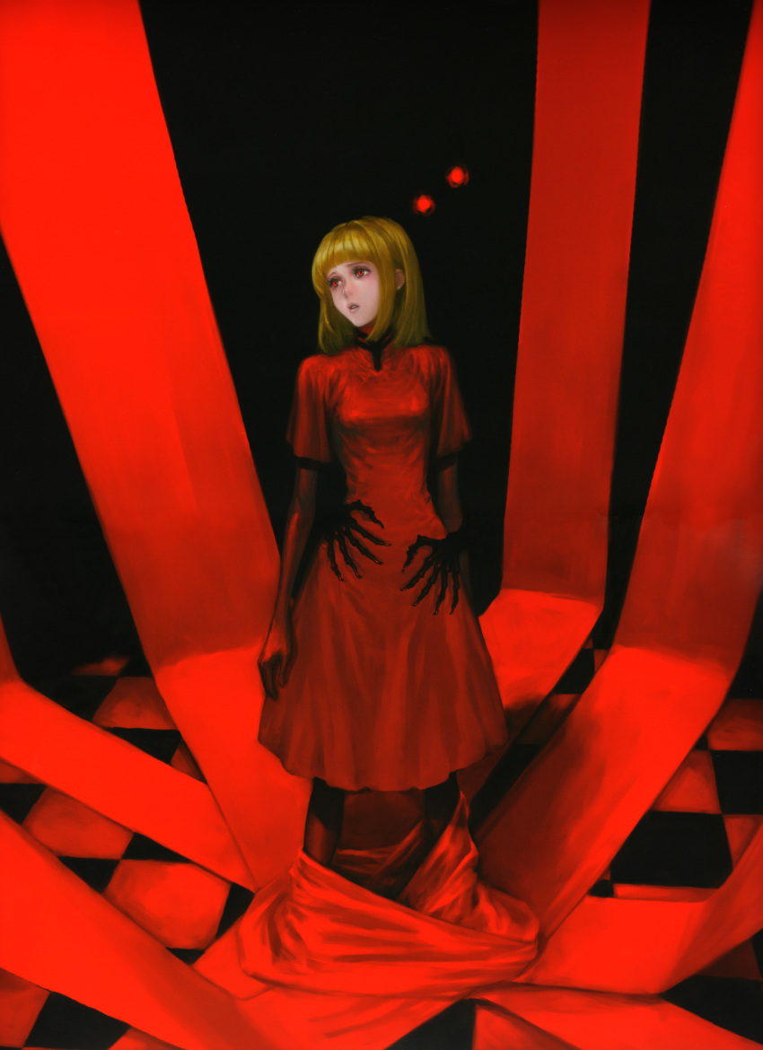 blonde_hair, drag-on_dragoon, drag-on_dragoon_2, drakengard, drakengard_2, fujisaka_kimihiko, highres, manah, official_art, red, red_background, red_eyes, scan, short_hair