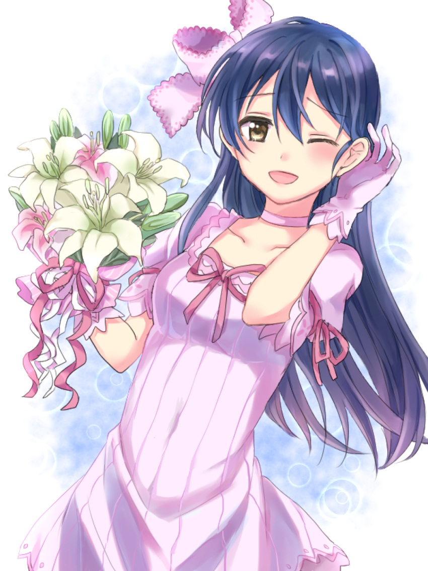 1girl, ;d, bangs, blue_hair, bouquet, bow, brown_eyes, bubble_background