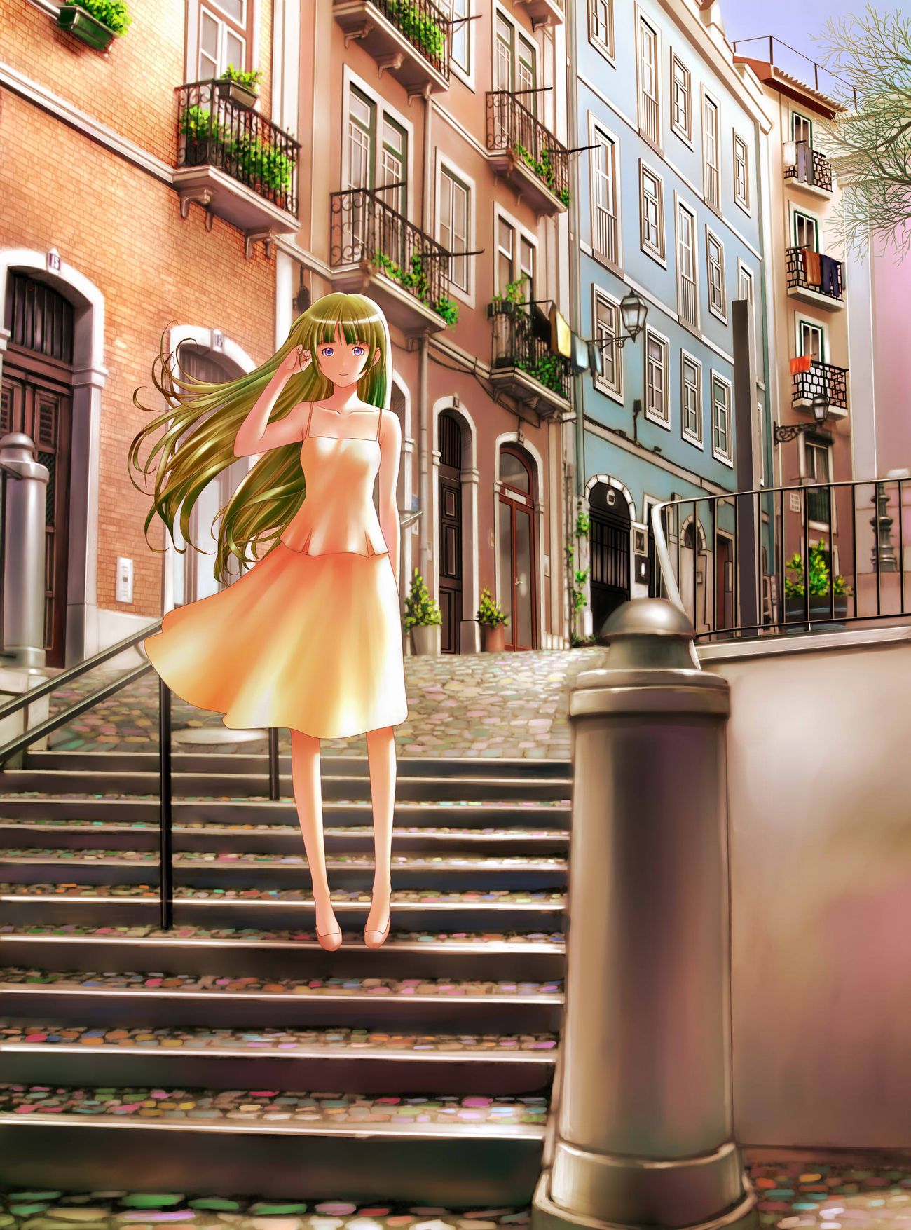 1girl, blonde_hair, check_commentary, clothes, commentary, commentary_request, day, dress