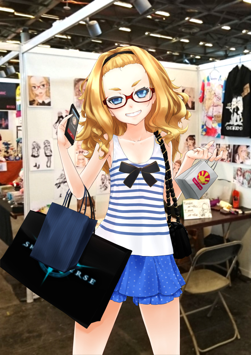 1girl, absurdres, blonde_hair, blue_eyes, borrowed_character, breasts, dekoglasses, eyebrows