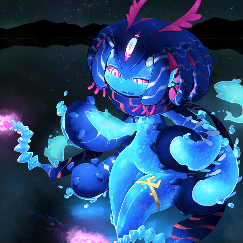 1girl, ars_goetia, bioluminescence, blue_hair, blue_skin, commentary_request, fantasy, fewer_digits