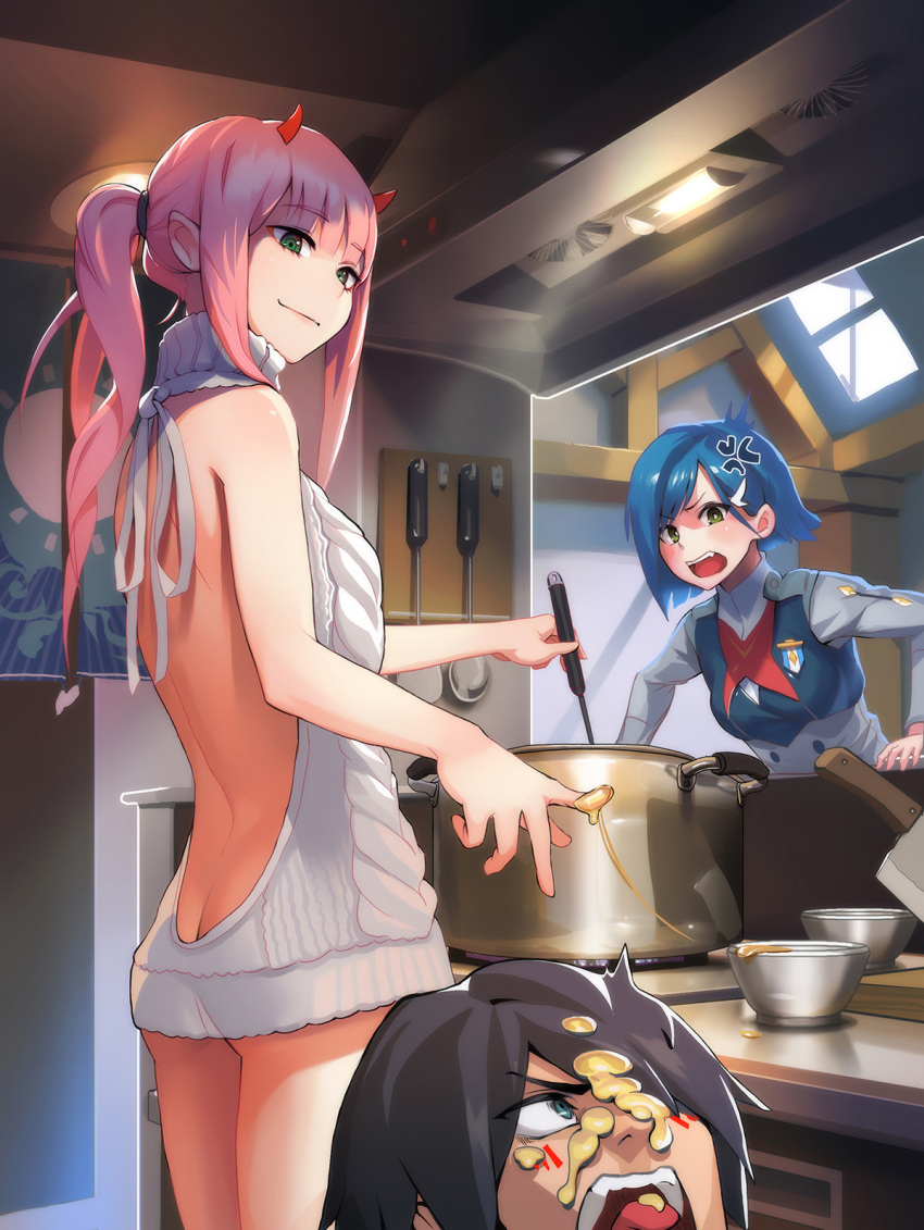 1boy, 2girls, anger_vein, angry, ass, backless_outfit, bangs, bare_back