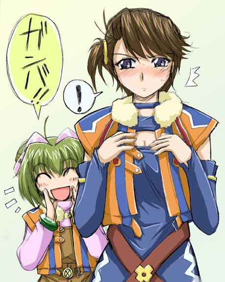 blush, breasts, brown_hair, cleavage, green_hair, jacket, jpeg_artifacts, mihiro_ardygun