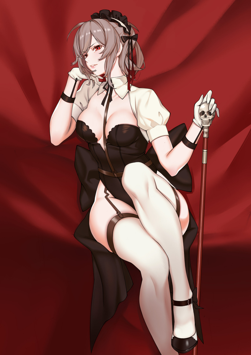 1girl, absurdres, bangs, black_footwear, black_leotard, breasts, chin_rest, cleavage, detached_collar, garter_straps, gloves, grey_hair, highres, jidong_zhandui, leg_up, leotard, long_hair, looking_at_viewer, maid_headdress, medium_breasts, parted_lips, puffy_short_sleeves, puffy_sleeves, red_eyes, scowl, short_hair, short_sleeves, sitting, skull, solo, staff, thigh-highs, white_gloves, white_legwear, zui_ai_shuang_mawei