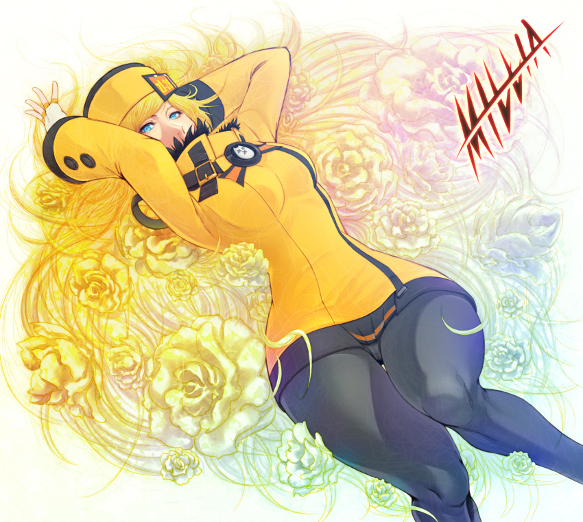 1girl, absurdly_long_hair, black_legwear, blonde_hair, blue_eyes, fingerless_gloves, flower, gloves