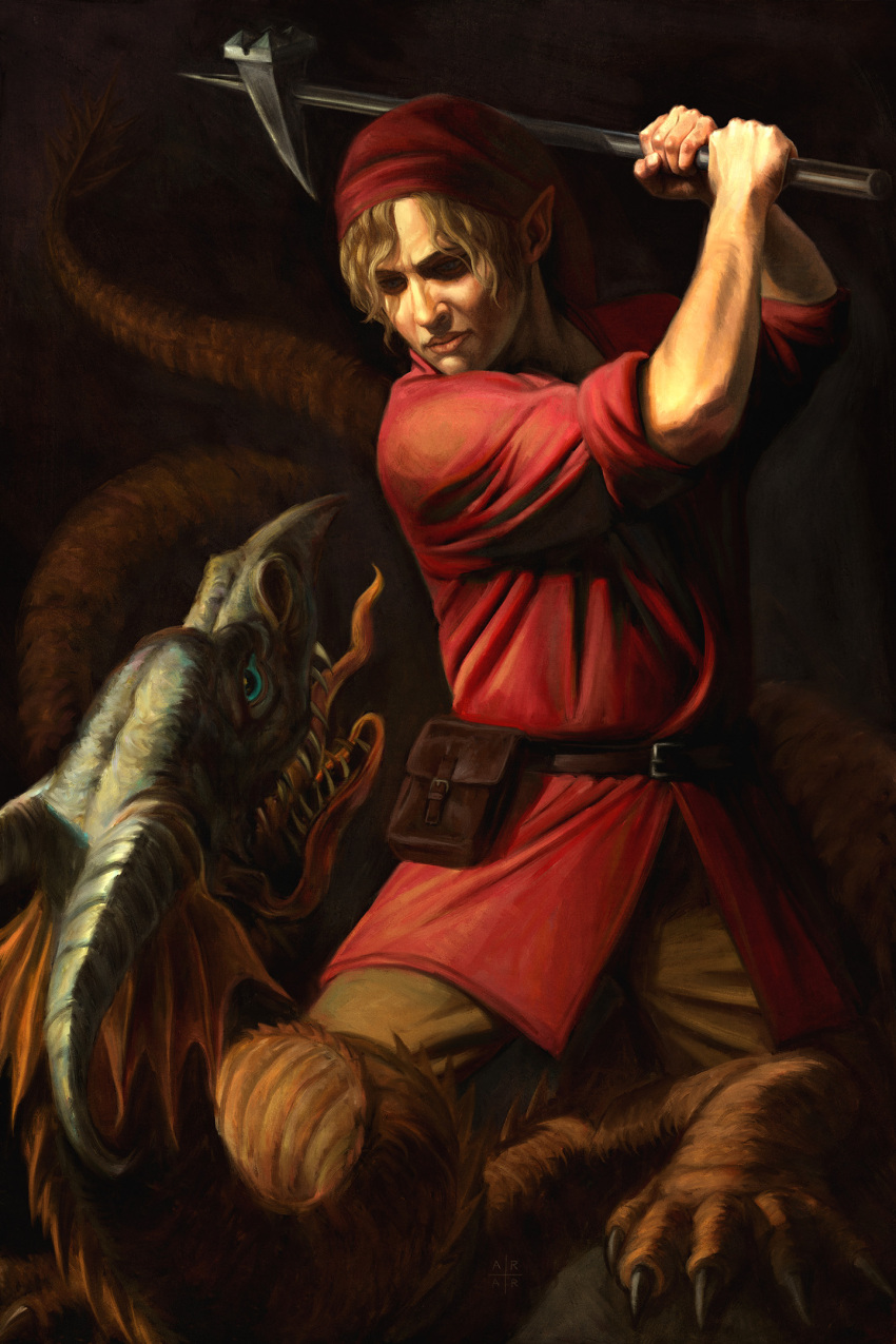 1boy, astor_alexander, battle, blonde_hair, blue_eyes, dark_background, dragon, fangs, hammer, highres, link, pointy, realistic, serious, the_legend_of_zelda, the_legend_of_zelda:_ocarina_of_time, tongue, volvagia, weapon