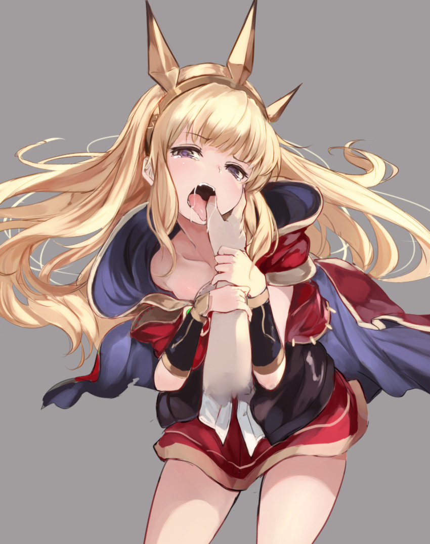 1girl, blonde_hair, bracer, cagliostro_(granblue_fantasy), cape, collarbone, crown, grabbing_another's_hand