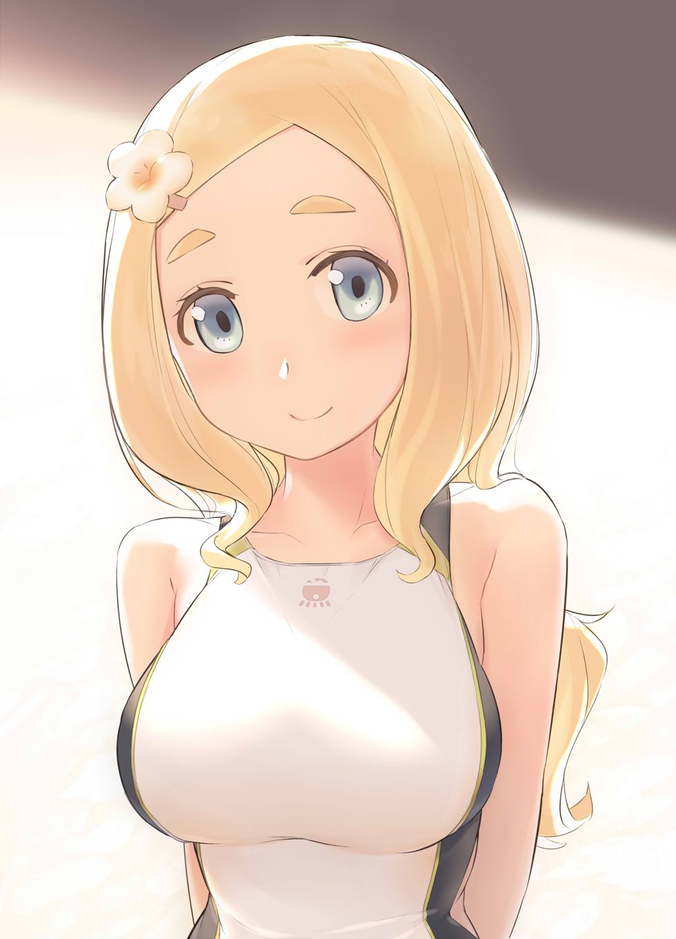 1girl, arms_behind_back, bare_shoulders, blonde_hair, blue_eyes, blush, breasts, competition_swimsuit