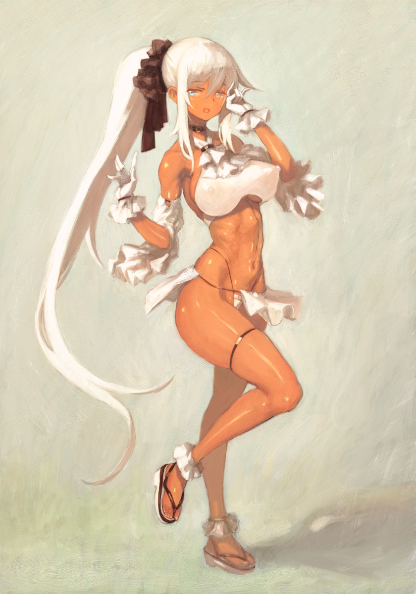 1girl, :d, bare_shoulders, blue_eyes, breasts, dark_skin, detached_sleeves, erect_nipples, gloves, highres, long_hair, navel, open_mouth, original, sandals, smile, solo, surutsu, very_long_hair, white_gloves, white_hair