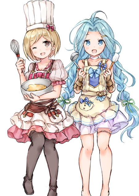 2girls, ;d, apron, bare_shoulders, beige_apron, black_footwear, black_legwear, blonde_hair