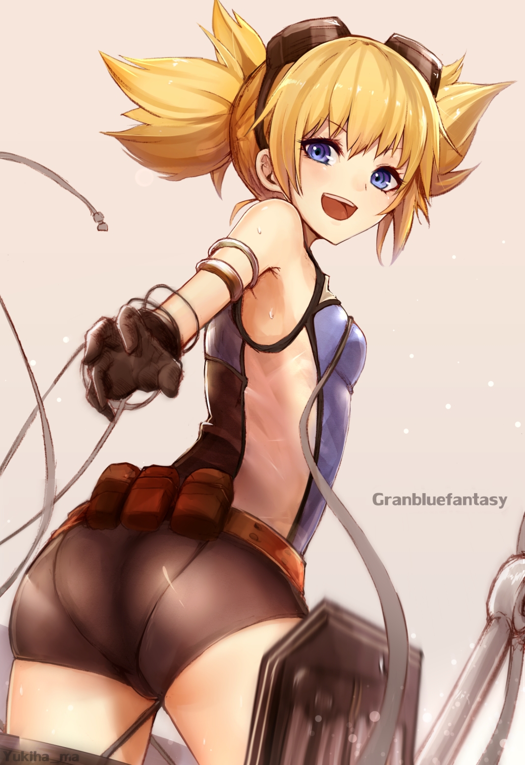 1girl, artist_name, ass, bare_shoulders, belt, black_gloves, blonde_hair, blue_eyes