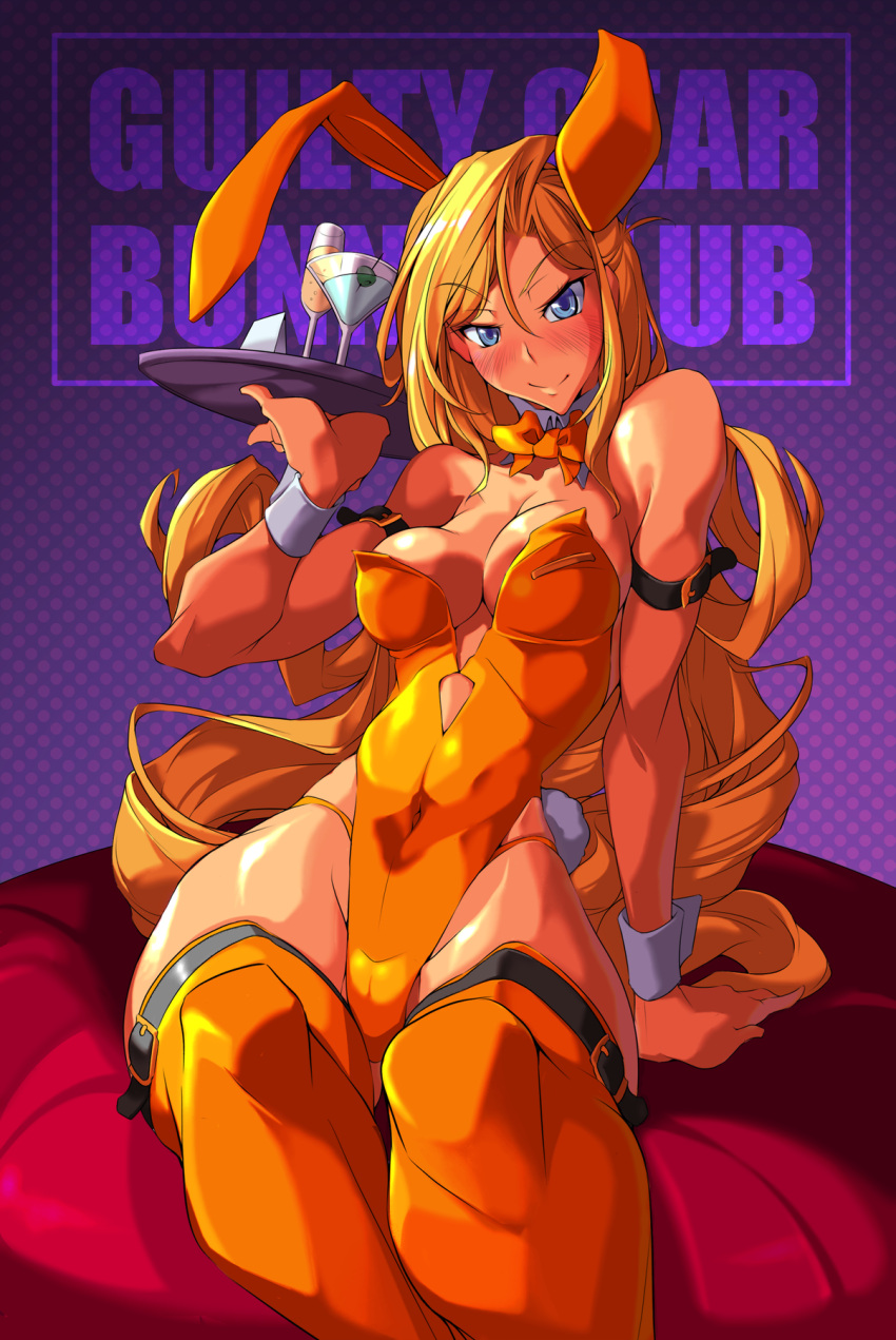 1girl, animal_ears, blue_eyes, blush, bow, bowtie, breasts, bunny_girl, bunny_tail, bunnysuit, cleavage, cocktail_glass, covered_navel, cup, detached_collar, drink, drinking_glass, eyebrows_visible_through_hair, fake_animal_ears, food, fruit, guilty_gear, highres, leotard, long_hair, looking_at_viewer, medium_breasts, millia_rage, orange, orange_legwear, orange_leotard, rabbit_ears, sitting, smile, solo, strapless, strapless_leotard, tail, thigh-highs, tray, waitress, wrist_cuffs, yoshitsuki