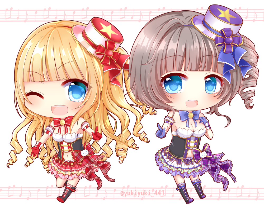 2girls, :d, ;d, bangs, bare_shoulders, beamed_quavers, black_footwear, black_shirt