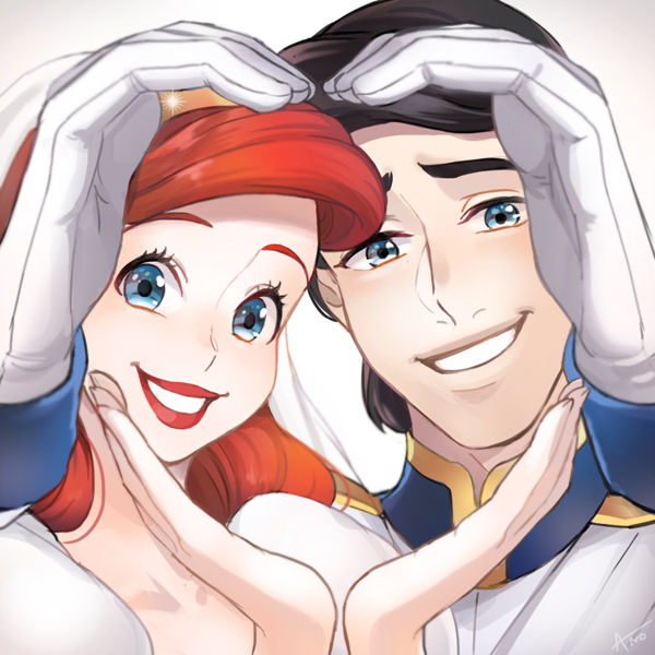1boy, 1girl, ano_(sbee), ariel_(disney), artist_name, black_hair, blue_eyes, close-up