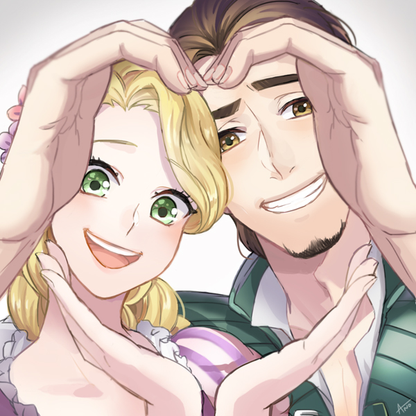1boy, 1girl, :d, ano_(sbee), artist_name, beard, blonde_hair, braid