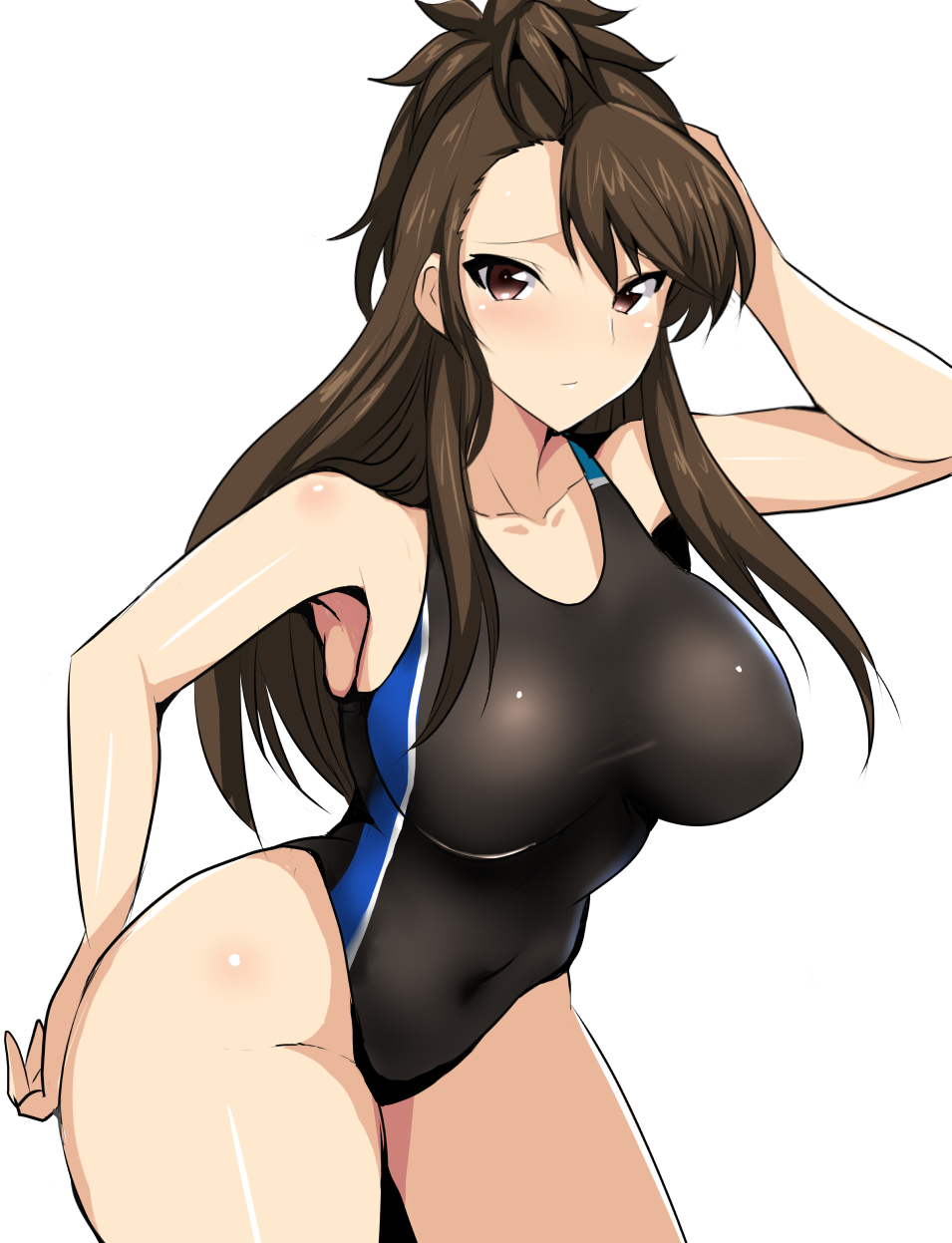 1girl, amaretto_(girls_und_panzer), arm_behind_back, arm_behind_head, asymmetrical_bangs, bangs, bare_shoulders, black_swimsuit