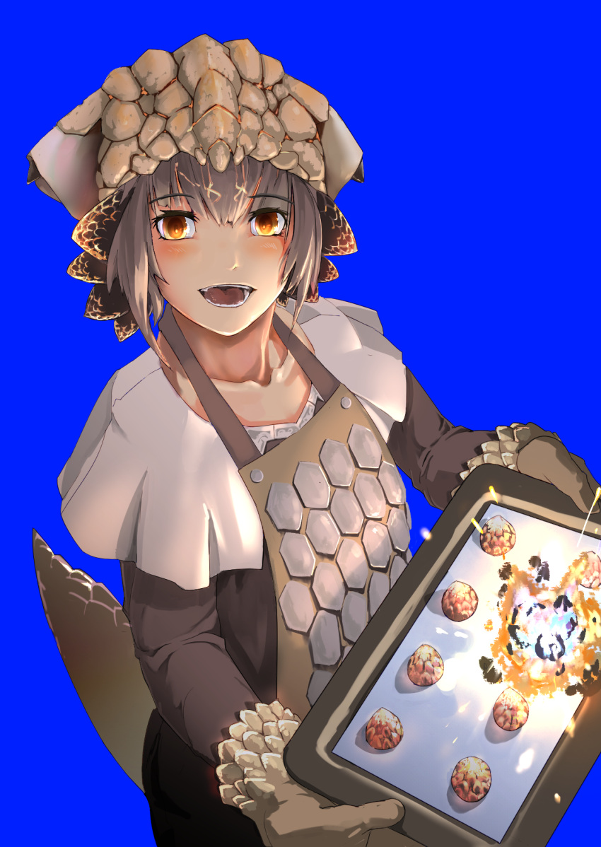 1girl, apron, baiomeisai, bangs, bazelgeuse, blue_background, blush, brown_eyes