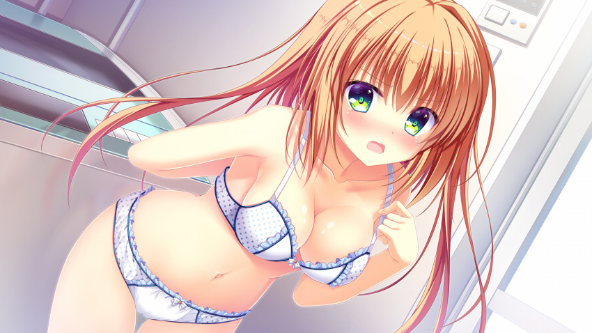 1girl, adjusting_bra, adjusting_clothes, arms_behind_back, blush, bow, bow_panties, bra