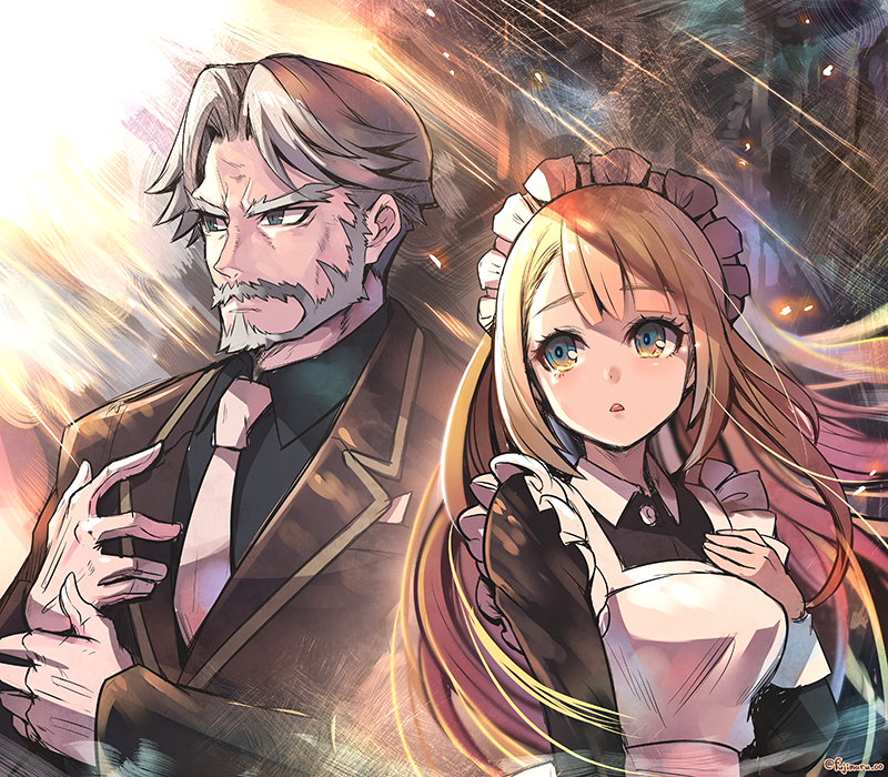 1boy, 1girl, beard, black_shirt, black_suit, blonde_hair, blue_eyes, breasts