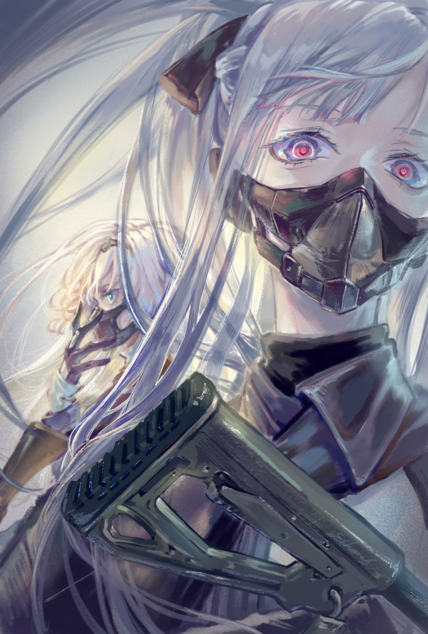 2girls, ak-12_(girls_frontline), an-94, an-94_(girls_frontline), aqua_eyes, assault_rifle, bangs, black_bow