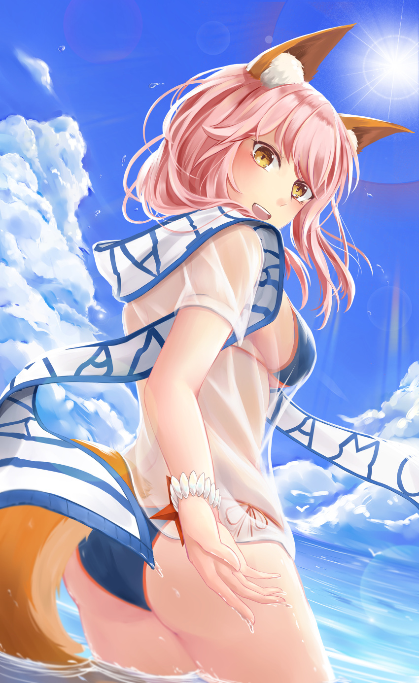 1girl, absurdres, animal_ears, ass, bikini, blue_bikini, breasts, fang