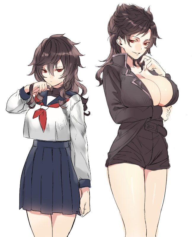 2girls, belial_(granblue_fantasy), black_hair, black_shirt, breasts, brown_hair, doushite, genderswap, genderswap_(mtf), granblue_fantasy, large_breasts, multiple_girls, red_eyes, sandalphon_(granblue_fantasy), school_uniform, serafuku, shirt, smile