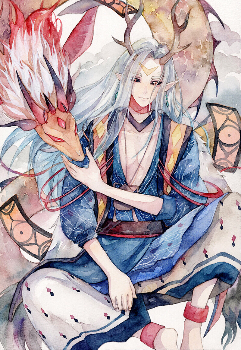 1boy, anklet, antlers, black_sclera, dragon, hiroshiko_awasan, ichimokuren_(onmyoji), jewelry, long_hair, looking_at_viewer, male_focus, necklace, onmyoji, pointy_ears, red_eyes, sitting, traditional_media, very_long_hair, watercolor_(medium), white_hair