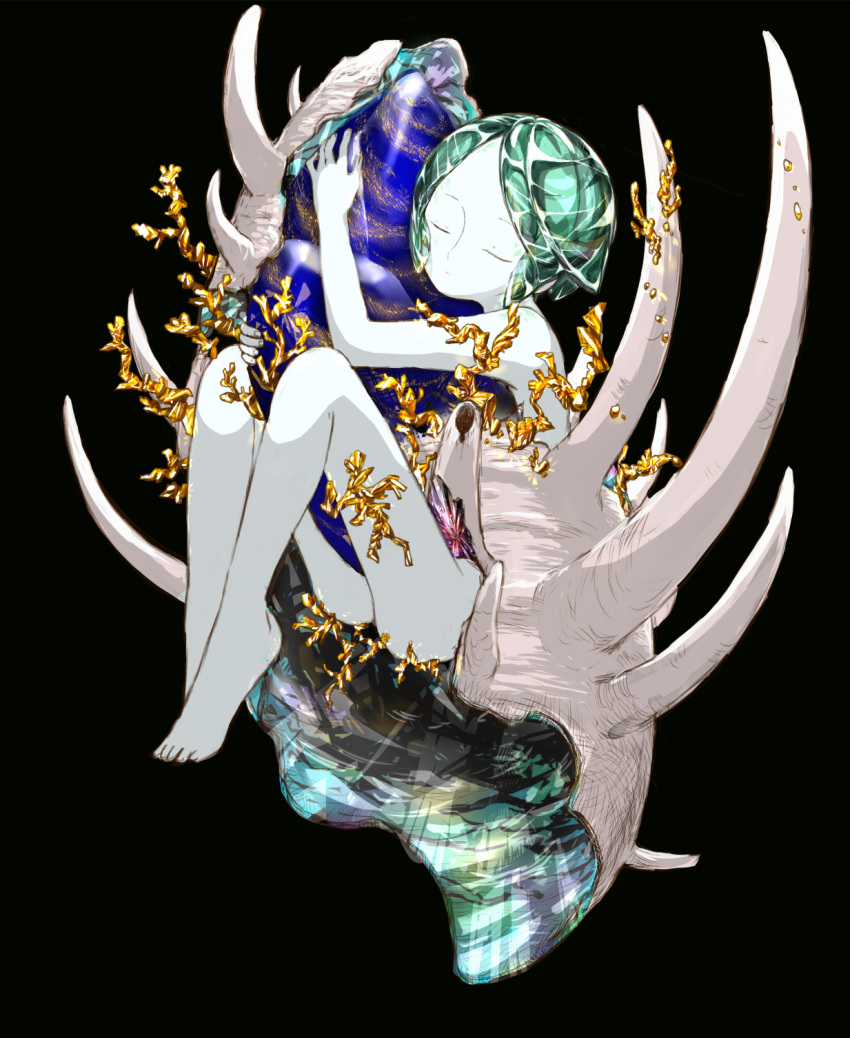 androgynous, artist_request, black_background, closed_eyes, crystal, gem, gold, green_hair